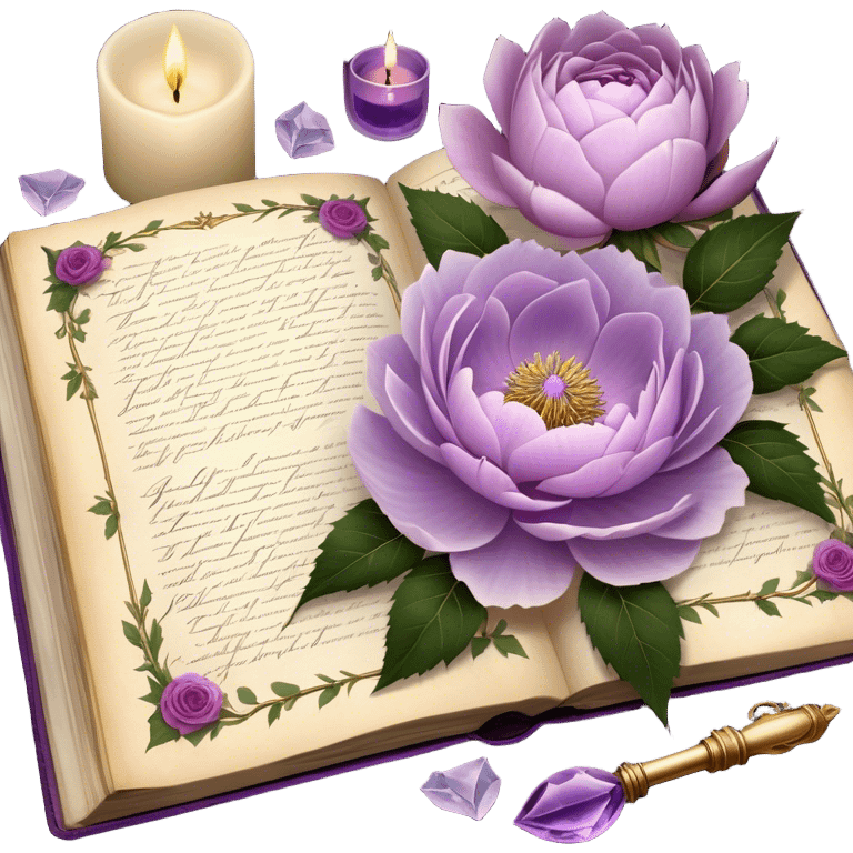 An antique botanical journal with golden-edged pages, filled with meticulously pressed lilac roses, ice violet peonies, and amethyst dahlias, lies open beneath the soft glow of candlelight, its delicate illustrations and handwritten notes whispering stories of forgotten gardens as a pearl butterfly gently perches on its weathered cover. emoji