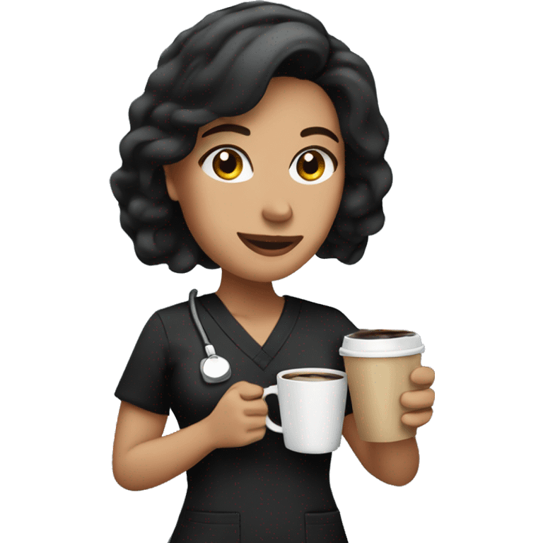 Hispanic woman in black scrubs holding a coffee in her hand emoji