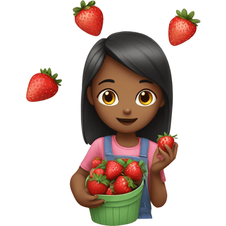 a girl eating strawberry and carring a kitten emoji