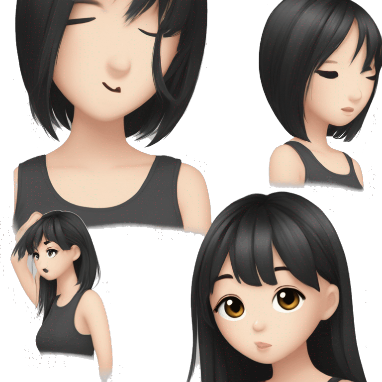 Korean girl, black tank top, black hair, black eyes, layered hair, cool girl, aesthetic, long hair, hime cut, blunt bangs, small silver hoop earrings emoji