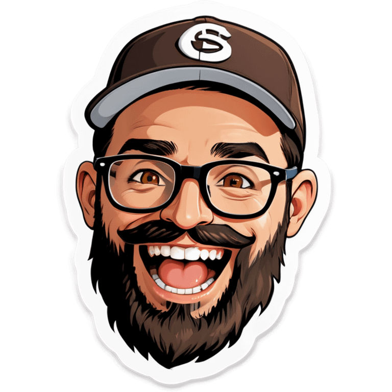 A man with a grey baseball cap, hazel eyes, big dark brown beard and glasses, laughing emoji