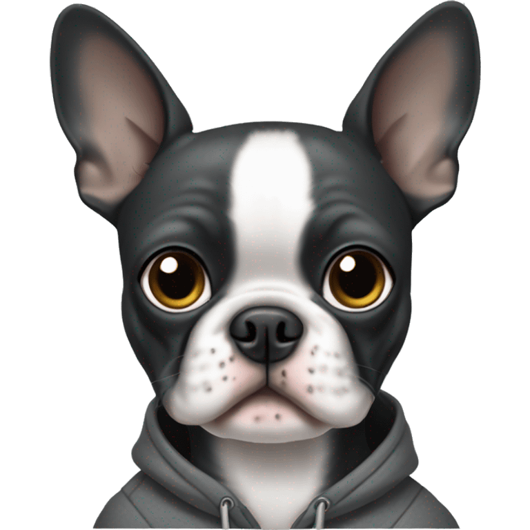 Boston terrier wearing a charcoal grey hoodie emoji