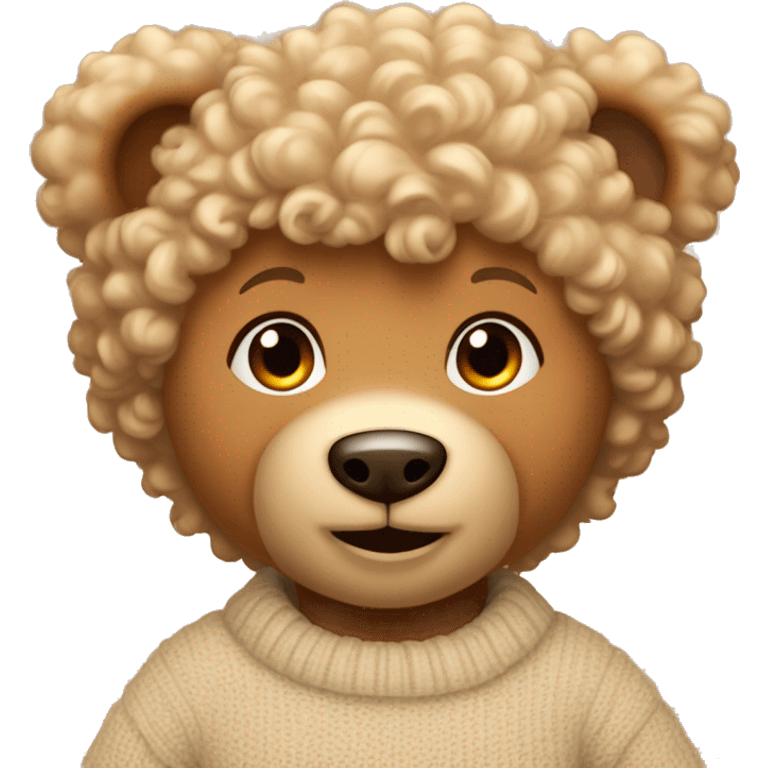 Light coloured curly haired. Orange eyed teddy bear wearing a beige sweater with a red heart in the middle.  emoji