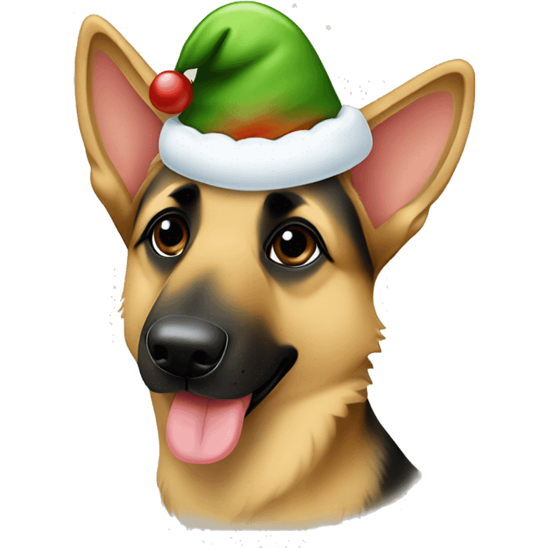 German shepherd dog with white around his nose holding a mistletoe and wearing a Christmas hat emoji