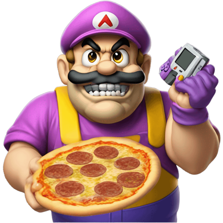 wario sneering with a joypad in one hand and a pizza in the other emoji