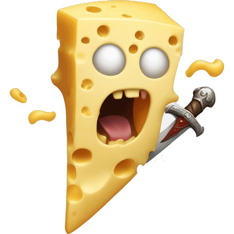 A ghost made of cheese attacking a boy with a sword made of meat emoji