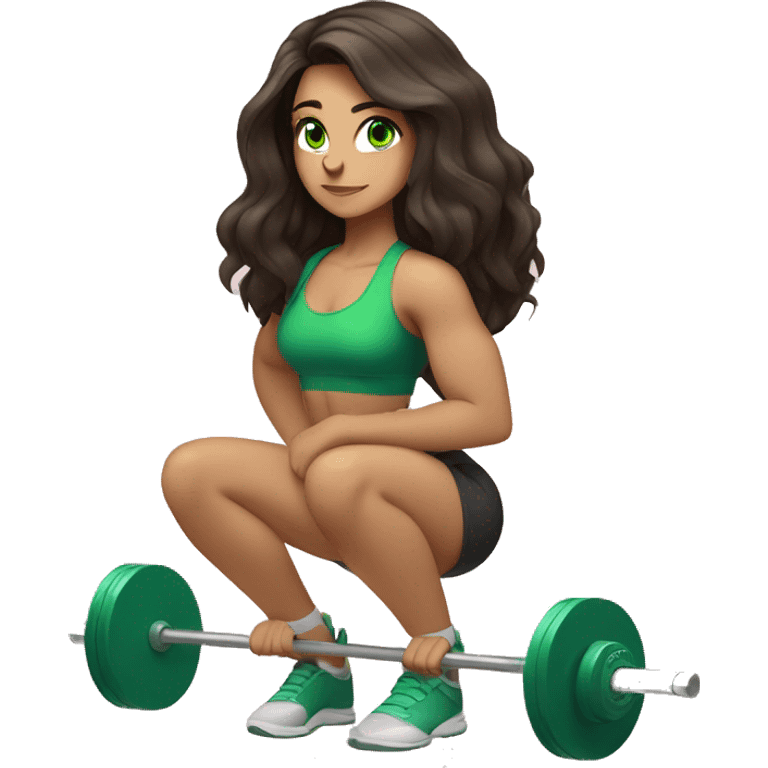 girl with long dark brown hair and green eyes squatting with a barbell emoji