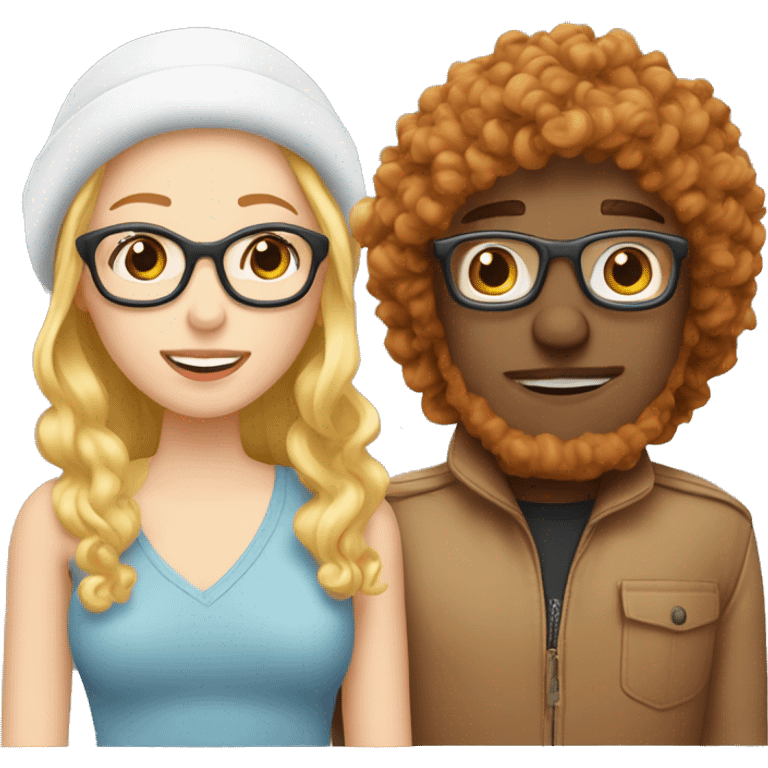 Red haired man blonde hair woman white couple kissing. Woman long hair with beanie. Man curly hair with glasses. emoji