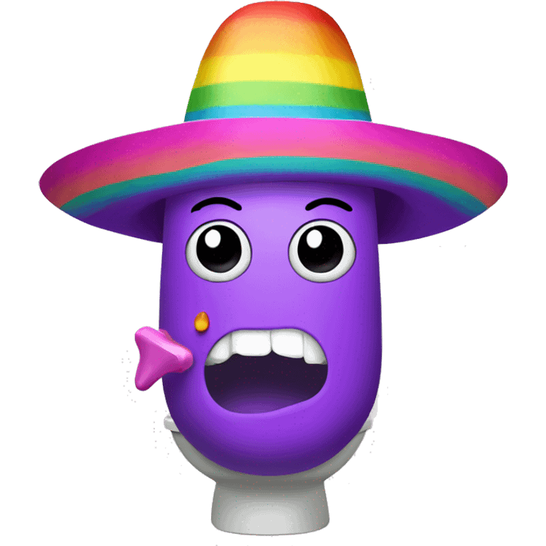 a purple pickle wearing a lot of makeup and a rainbow sombrero on the toilet emoji