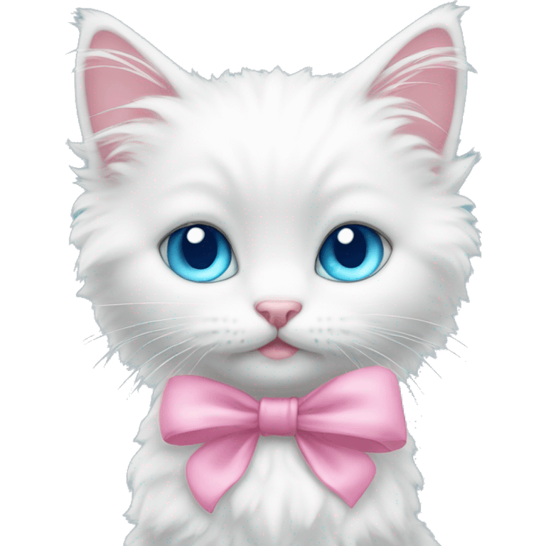 White fluffy kitten wearing two pink bows with blue eyes emoji