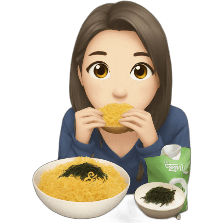 Girl watching television about kpop while eating toasted seaweed emoji