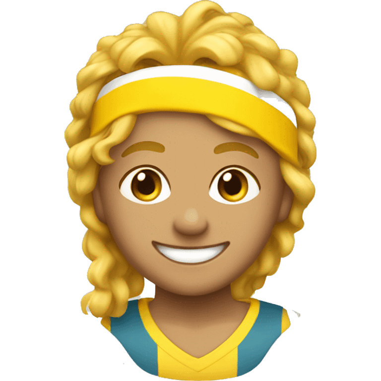 A happy yellow ball with a wavy mullet hairstyle with a sports headband emoji