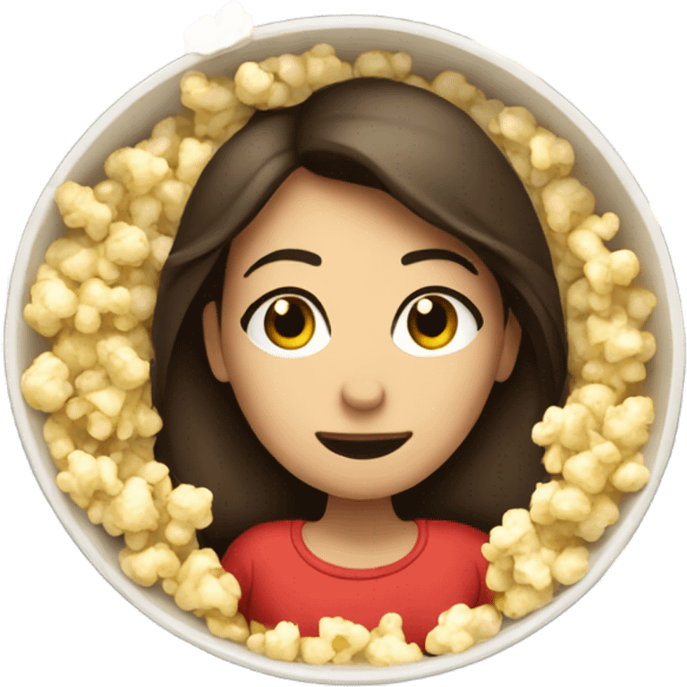 Brunette female lying entirely in bowl of popcorn emoji