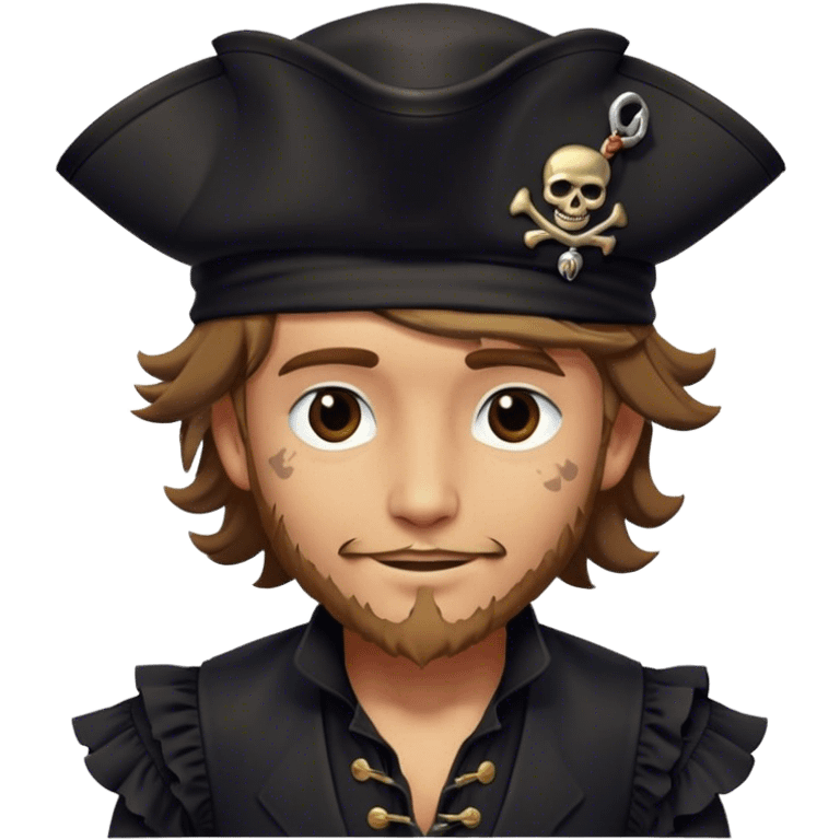 A kindhearted pirate in a black ruffled shirt, black waistcoat, and an ornate black hat, his friendly gaze welcoming emoji