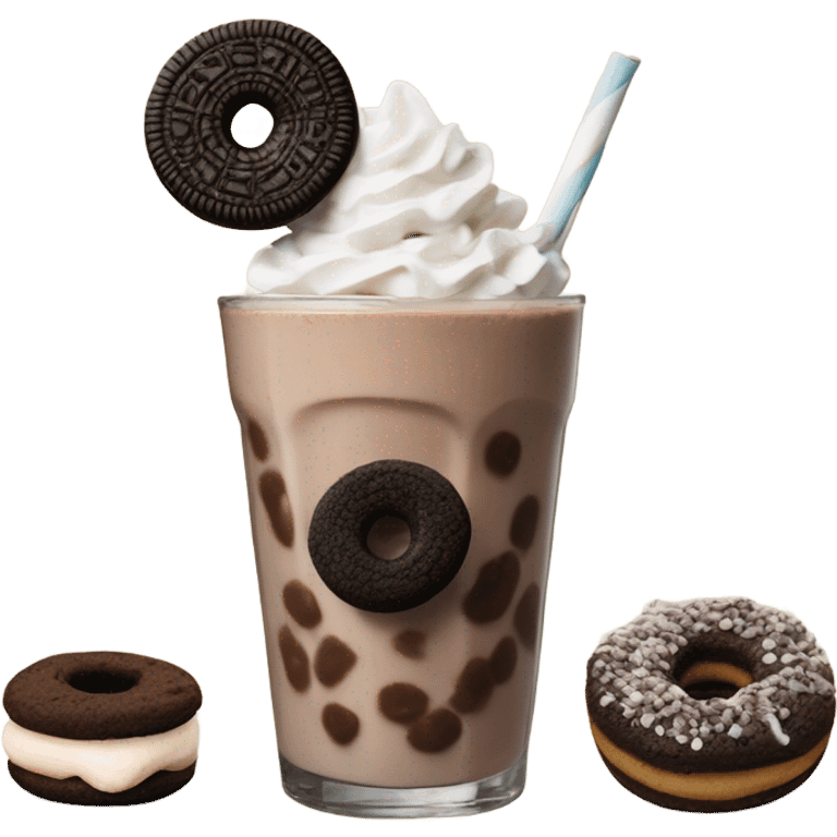 a chocolate oreo shake topped with a chocolate donut hole, chocolate marshmallow, and chocolate chip cookie emoji