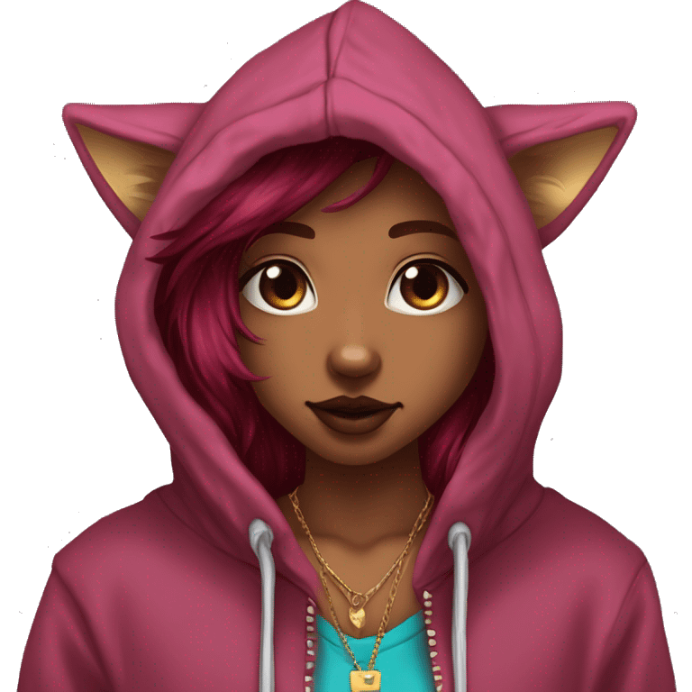 Deep pink maroon burgundy cyan dark hoodie fox coyote dyed hair and gold piercings nose piercing ear piercings coyote wearing hoodie emoji