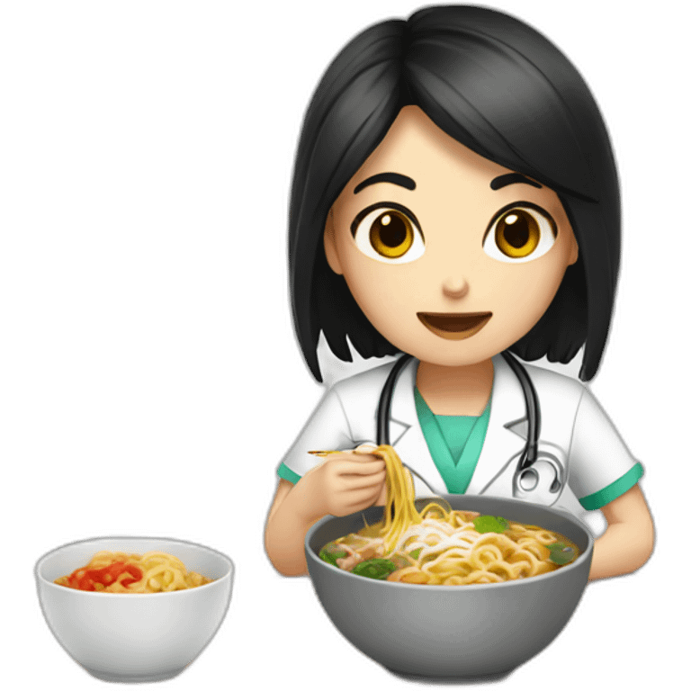 doctor girl with dark hair eating ramen bowl emoji