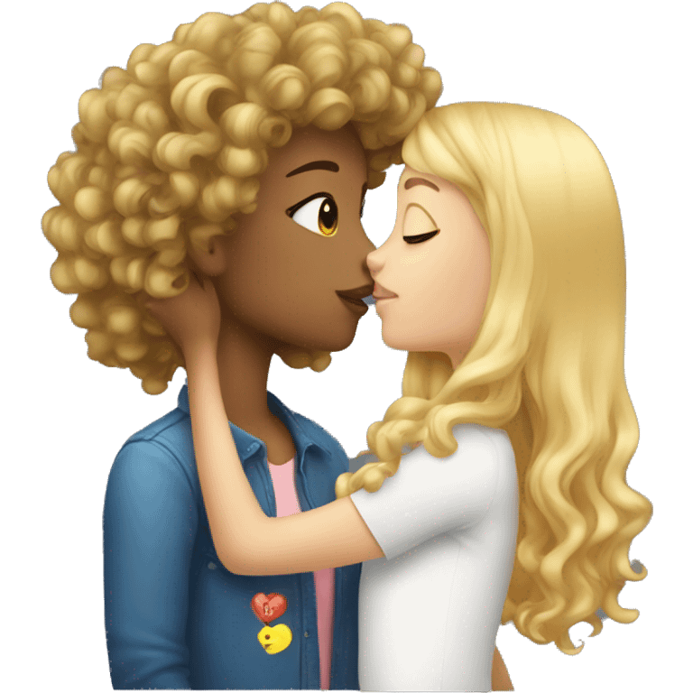 blonde girl kissing black curly head girl emoji