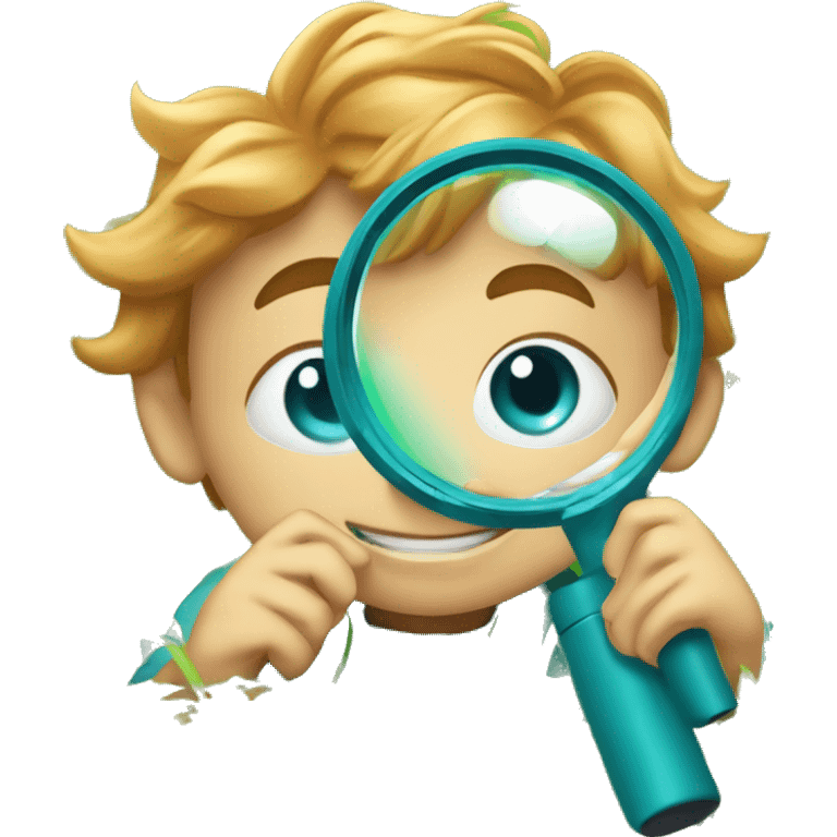 Little boy with blue/turquoise eyes, no glasses, and strawberryblonde slighty wavy hair crouching down low in a lot of green grass. He is holding a magnifying glass, closely examining nature and looking happy/curious emoji