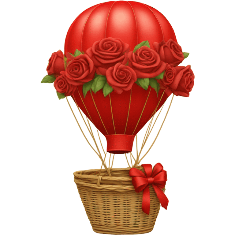 red hot air balloon and beige basket with roses emoji