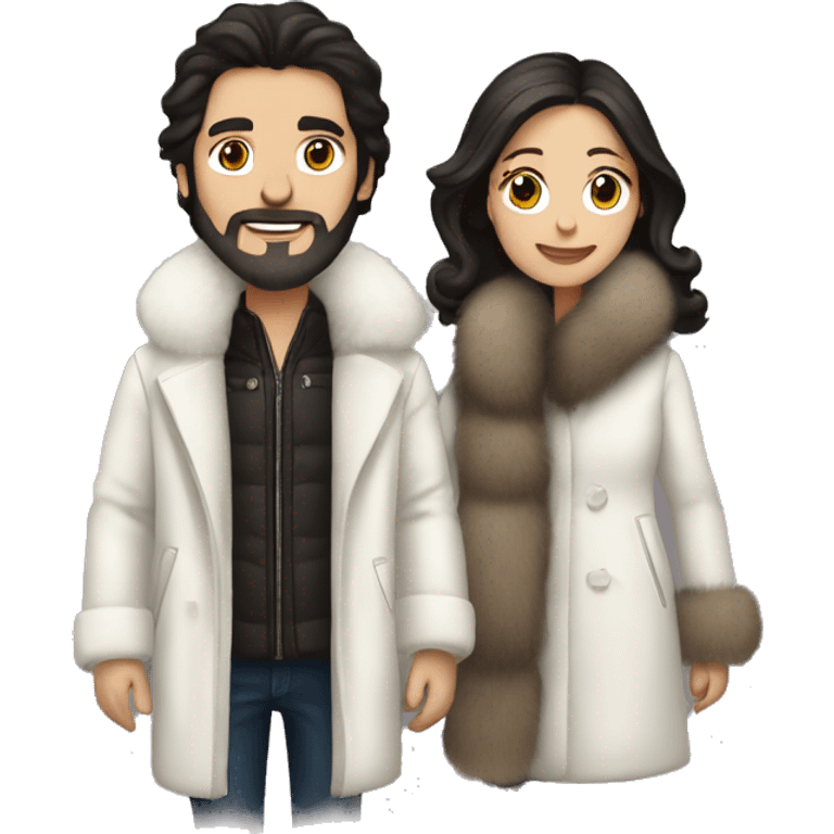 Dark haired White couple in long fur coats emoji