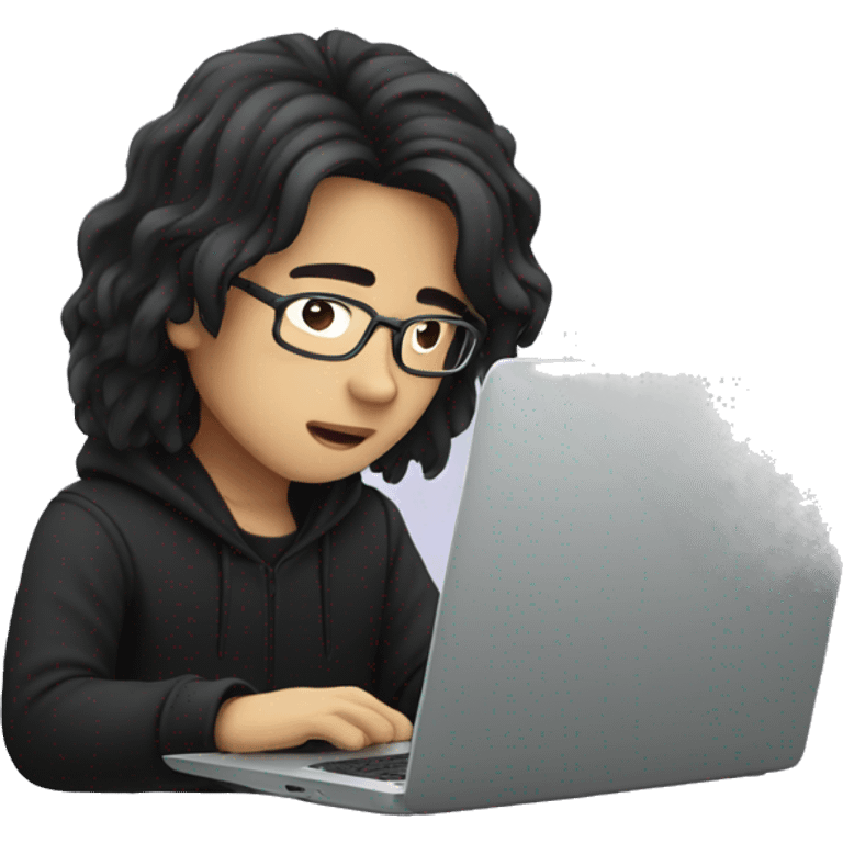 asian boy with glasses, long hair working, wearing black clothes , on his laptop  emoji