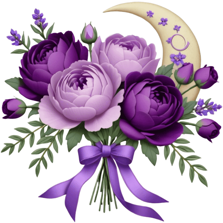 A vintage bouquet of lavender-hued peonies, deep violet roses, and soft lilac pansies, tied together with a silk ribbon in shades of plum and amethyst, rests beneath the glow of a crescent moon. Scattered around are tiny embroidered hearts on a delicate lace handkerchief, while the scent of dried lavender lingers in the cool evening air. emoji