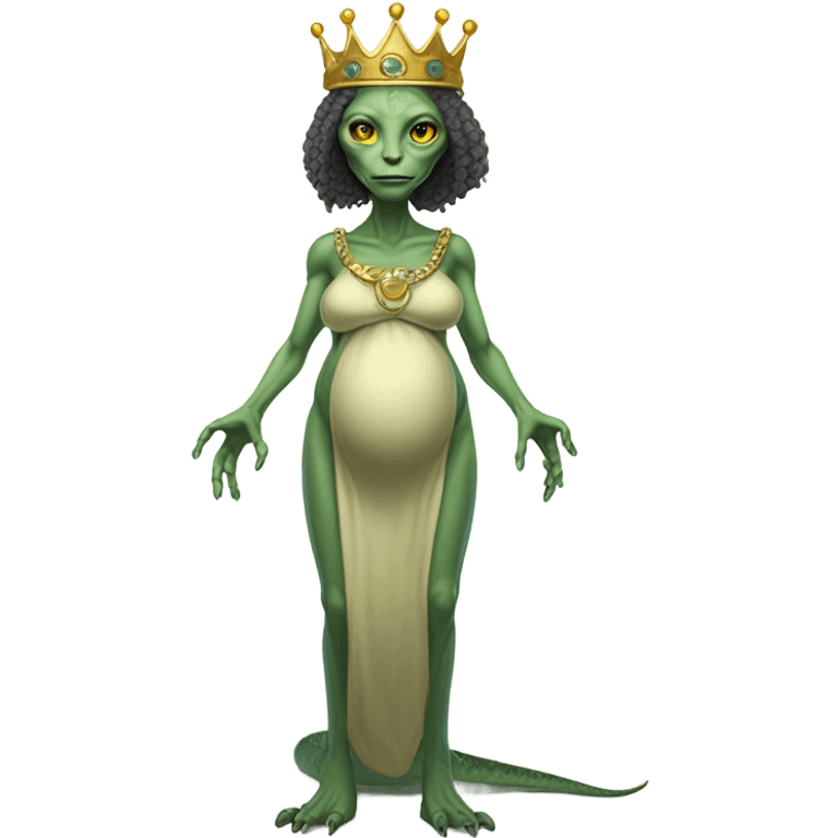 Pregnant reptilian alien woman, full body, have a crown emoji