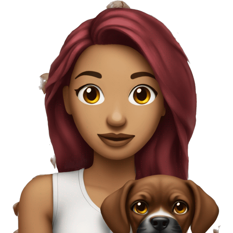 Beautiful tattooed  burgundy long haired woman holding a boxer puppy emoji