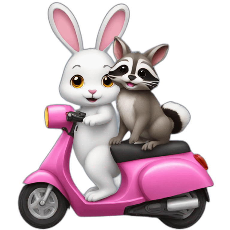 Bunny on a scooter with raccoon emoji