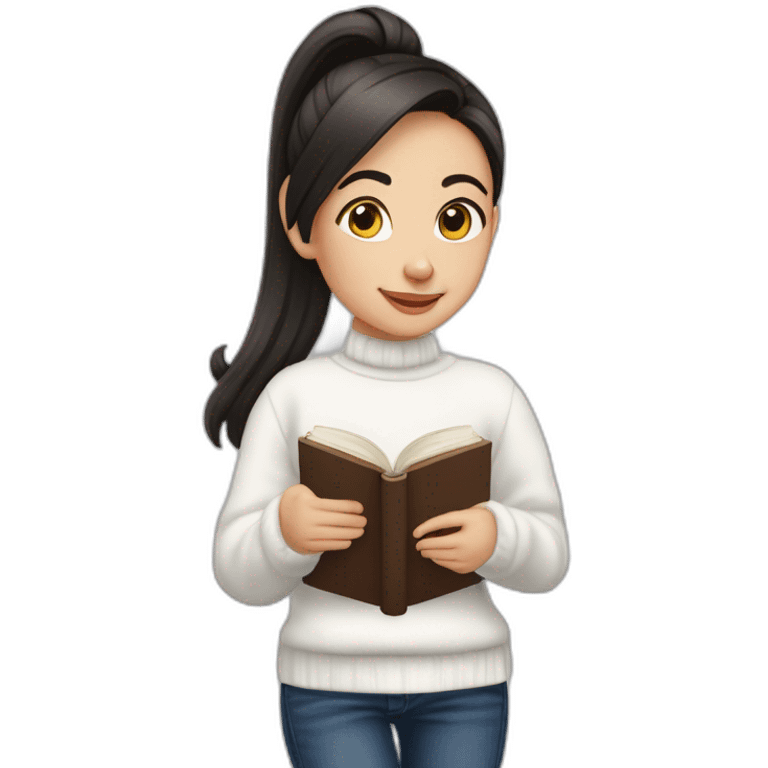 dark haired girl with a pony tail, wearing a white sweater with a new year ornament, in dark blue jeans. She is holding a book of English grammar in her hands. emoji