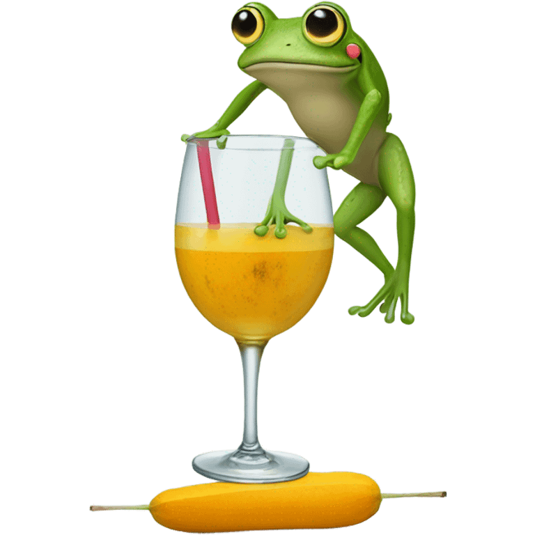 Frog doing a handstand on a glass of squash with a straw with a worm in it  emoji