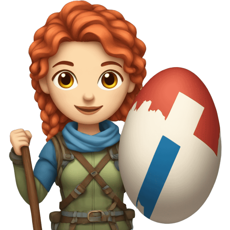 female winter mountaineer red hair holding greek flag and easter egg emoji