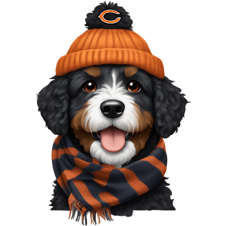 Bernedoodle with chicago bears hat and scarf emoji