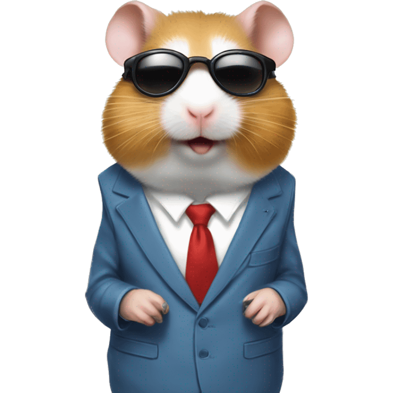 Hamster in three-piece suit wearing round shades holding a conference in front of hamsters and showering them with coins emoji