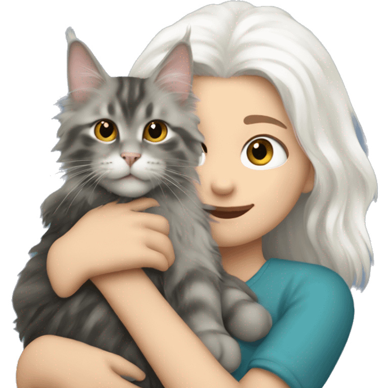 A girl with white hair holds a Maine coon cat in her arms emoji