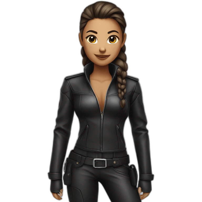 1 girl, leather suit, ponytail, smirk, leather boots emoji