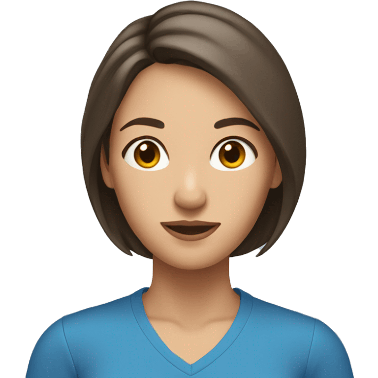 brunette woman chin length hair standing wearing a blue shirt emoji