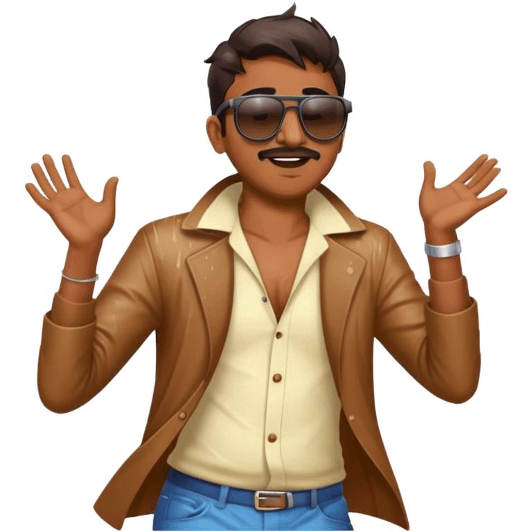 an indian dude dancing while wearing sunglasses in rain emoji