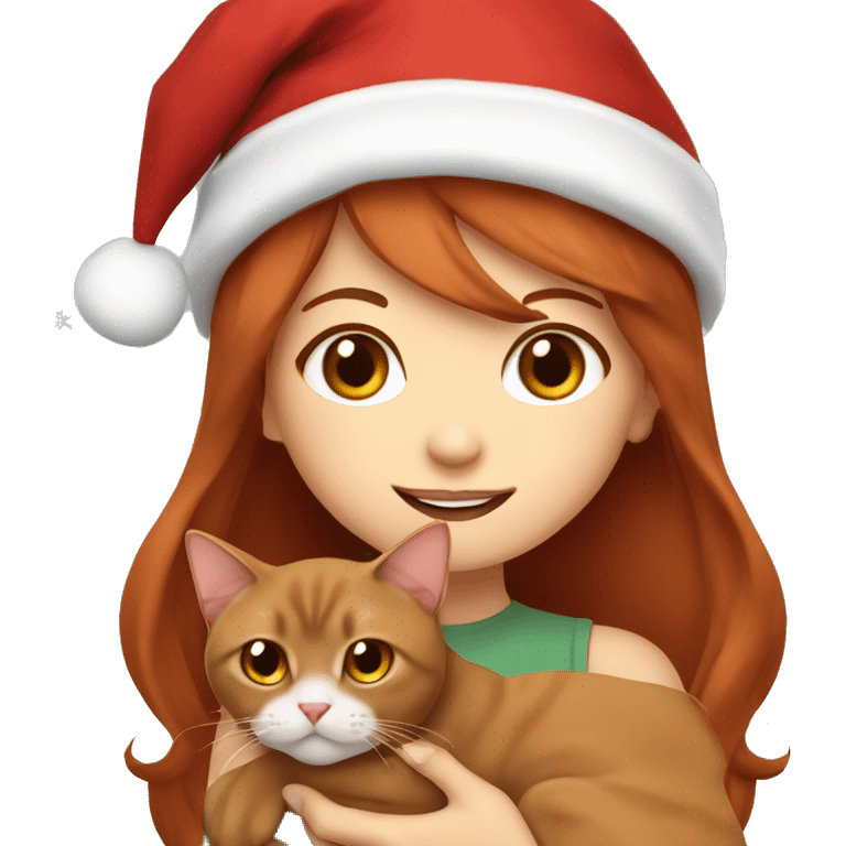 cherry red hair cute girl holding burmese brown cat in christmas cap emoji