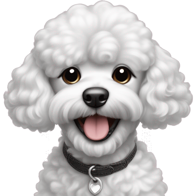 cachorrita french poodle de pelo negro muy corto y barba blanca sonrriendo emoji