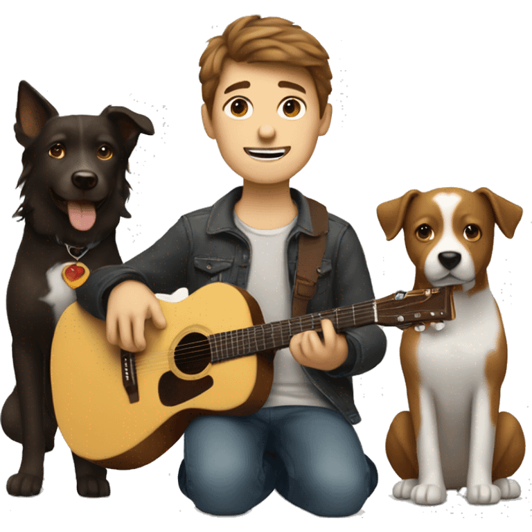 Boy with brown hair with a guitar, a computer, and two dogs. emoji