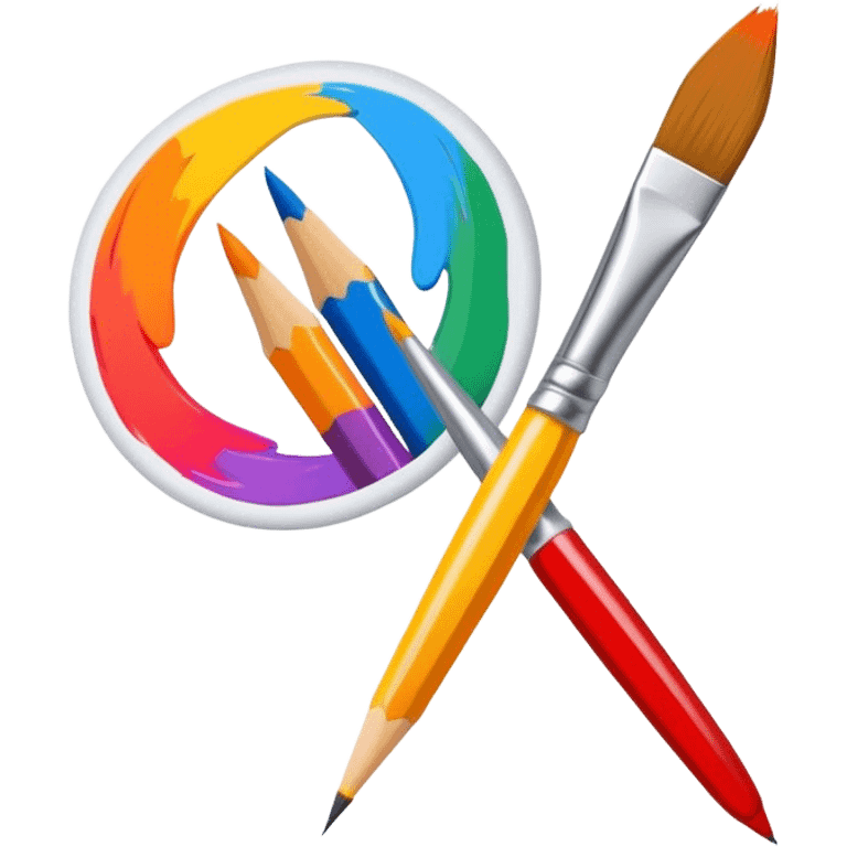 icon for Illustration hobbie, paintbrush and pencil under colurfull poster, simple lines, minimalistic style, transparent background. emoji