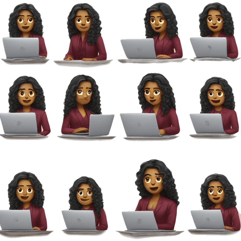 light skin Indian woman working on laptop with long black curly hair with burgundy clothes emoji