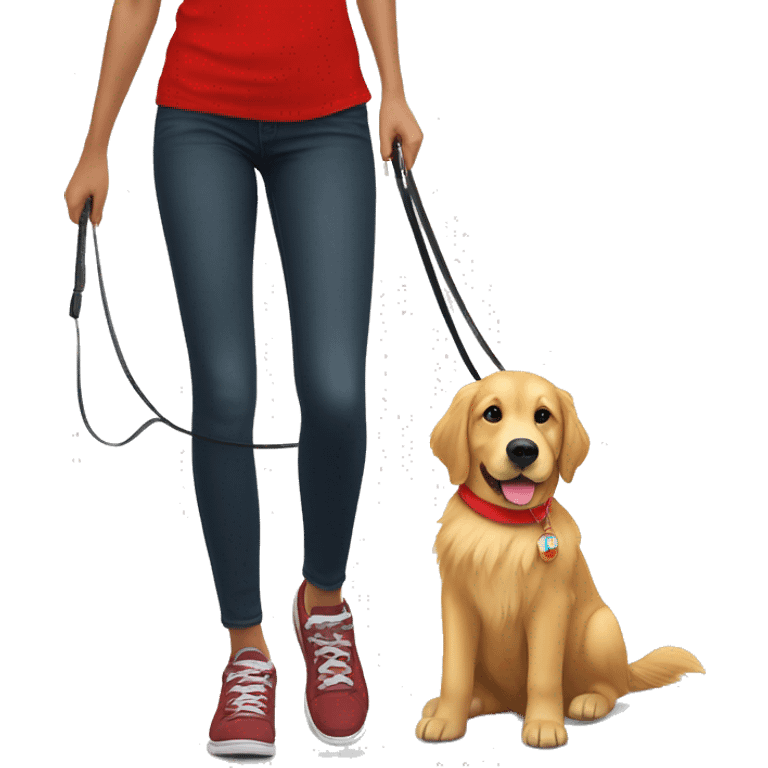 golden retriever in red shirt on a leash by a girl in red shirt  emoji