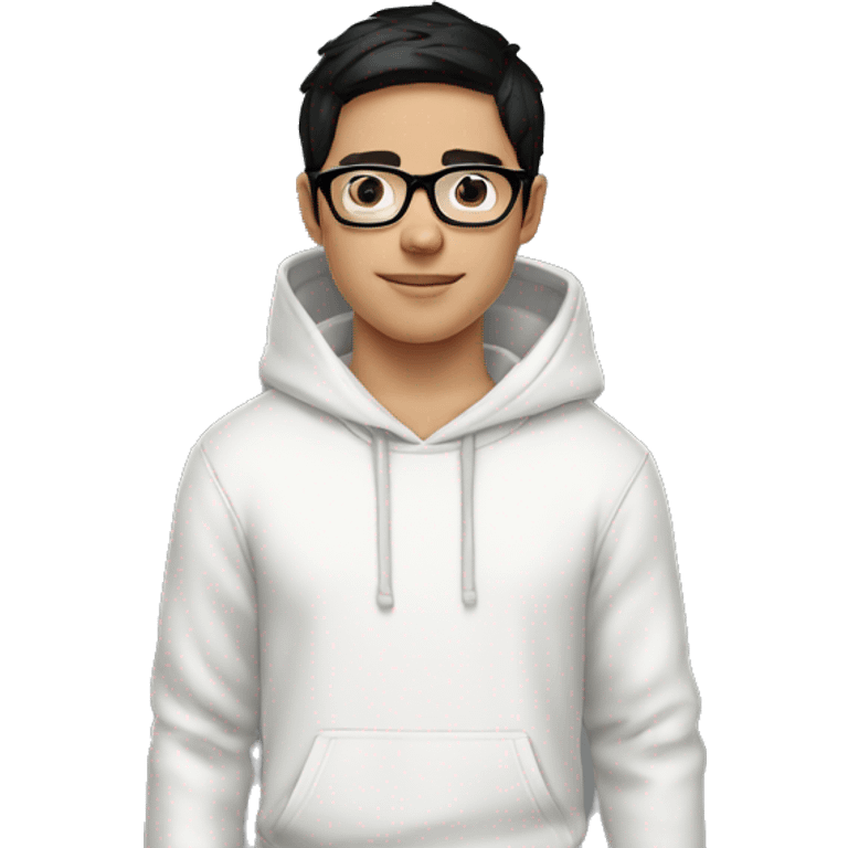 young white boy black hair white hoodie with glasses emoji