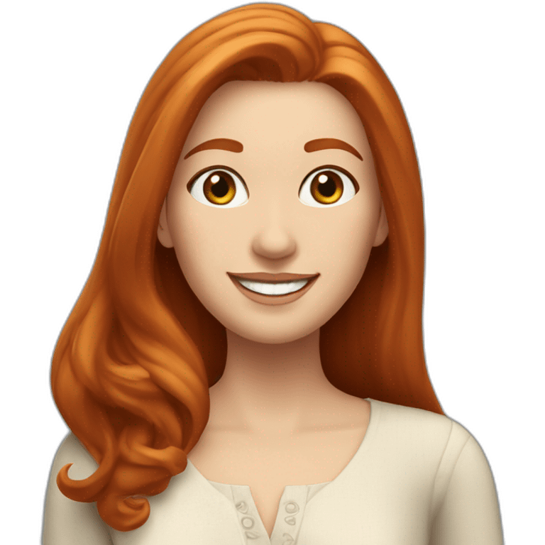 redhead white woman with medium long straight hair, greets smiling, wearing romantic blouse emoji