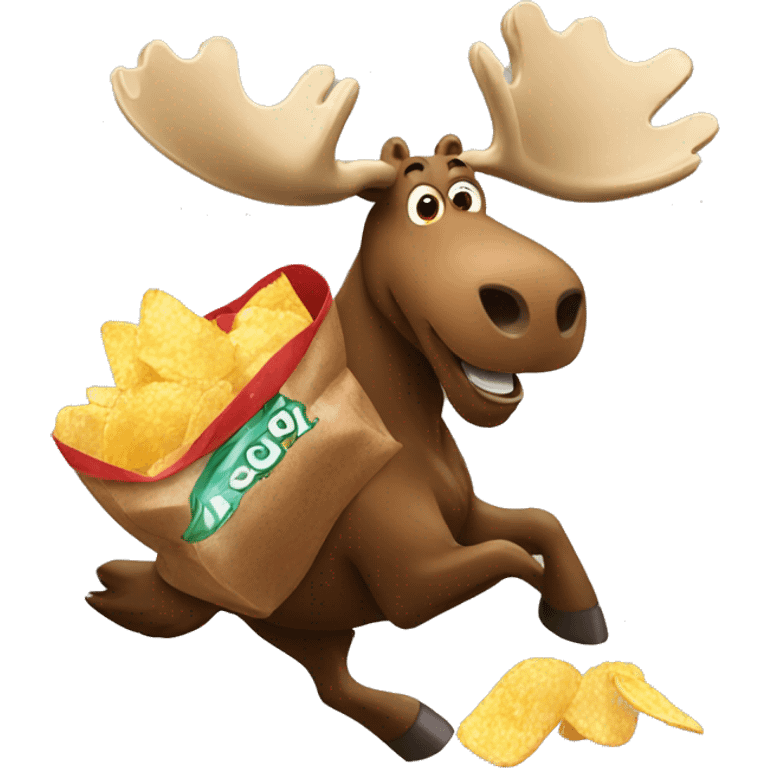 A moose running with a bag of chips and a bottle of coke emoji