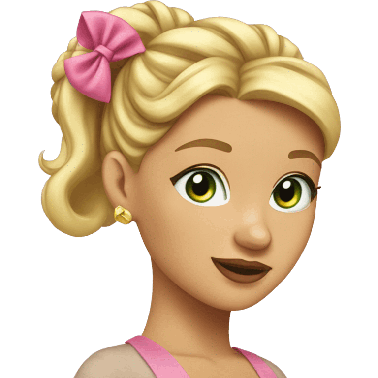 girl with blonde hair in a bun on the top of her head, green eyes, gold earrings, and a pink bow in her bun emoji