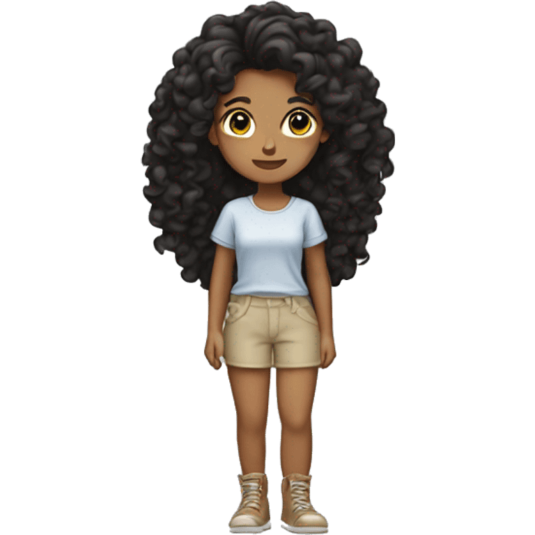 Tan girl curly black hair standing strait on one leg other leg tucked emoji